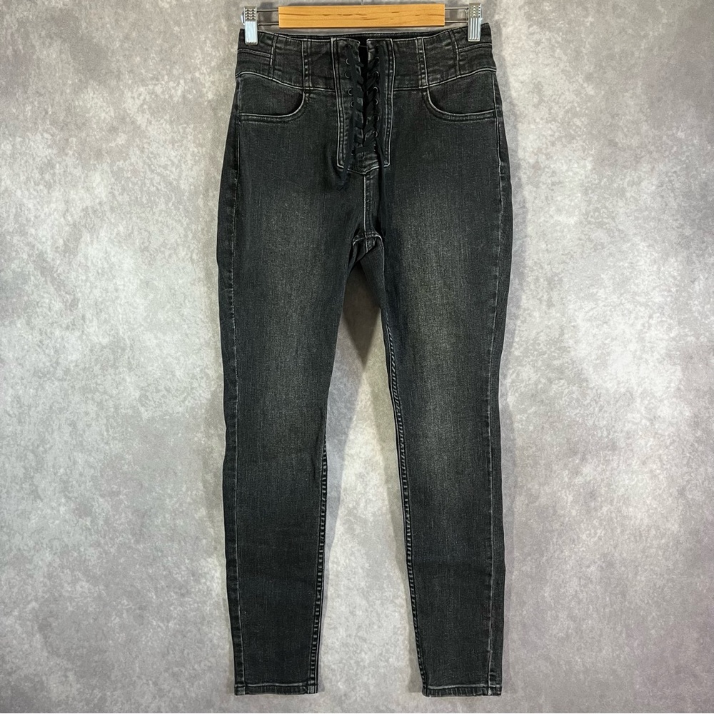 We The Free Skinny Jeans Womens 28 Black Lace Up‎ Corset High Rise Washed Denim